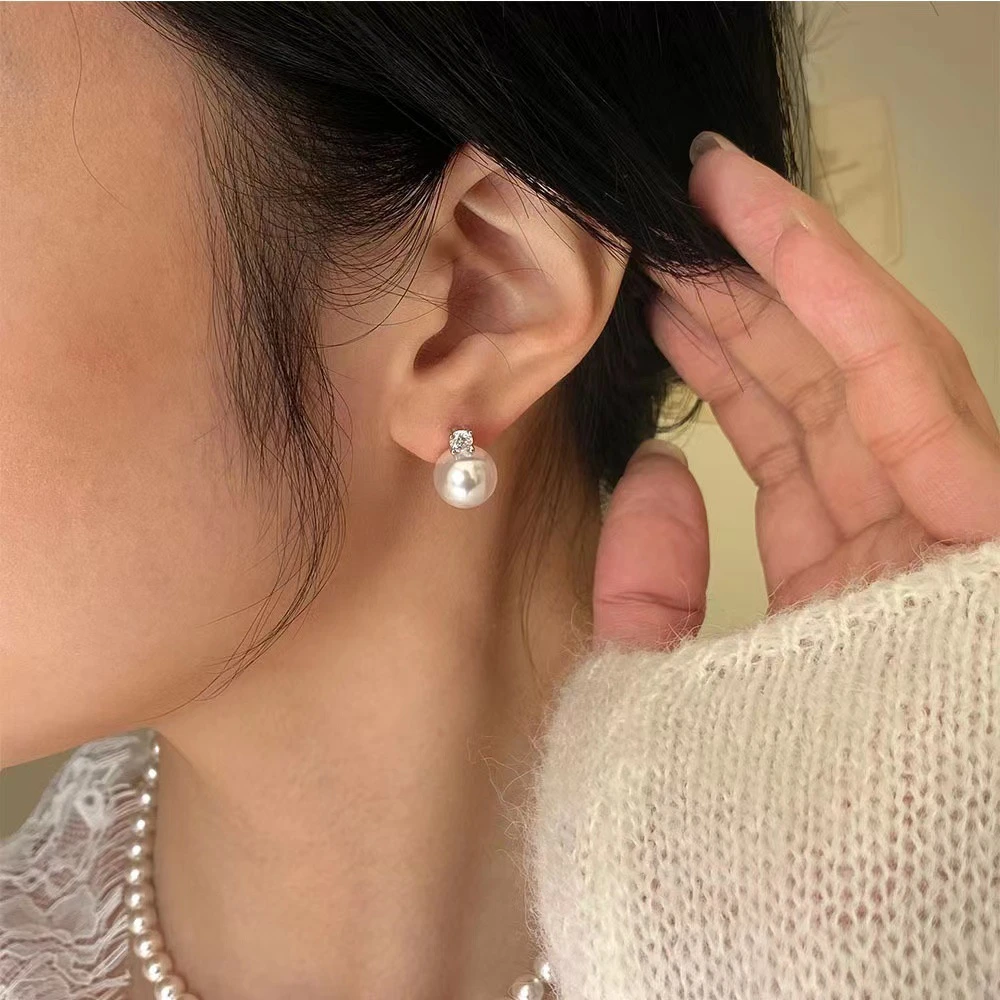 925银耳饰 戴妃款高碳钻天然贝珠正圆强光贝珠耳钉女轻奢气质