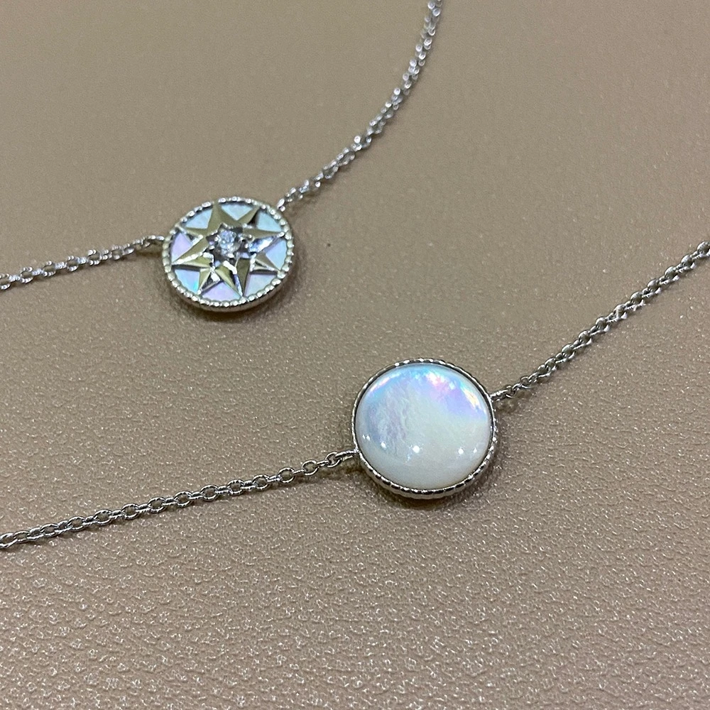 坠链均925银 海水白贝彩光优质 八芒星幸运罗盘 精工版吊坠锁骨链