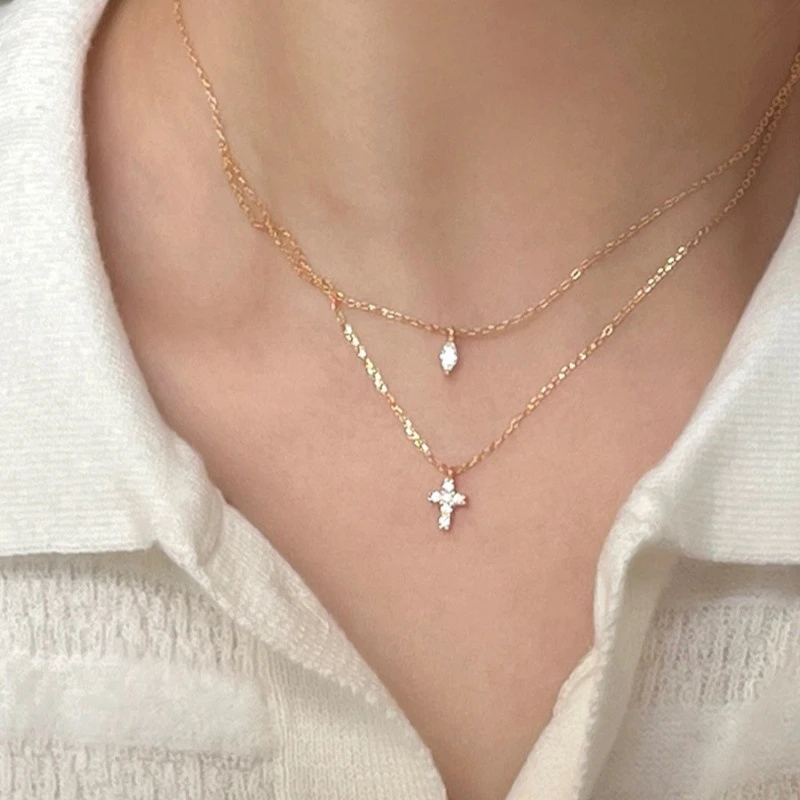 坠链均925银 日韩金色锁骨链极简锆石水滴十字架双层叠戴感项链女