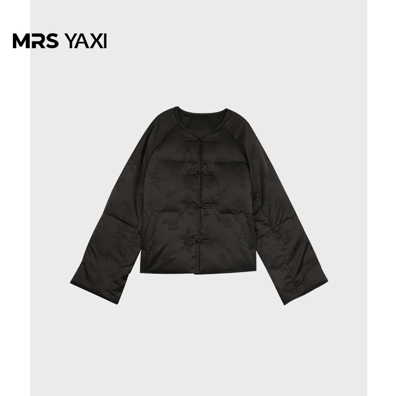 Mrsyaxi黑色国风提花盘扣短款鹅绒羽绒服YX091509