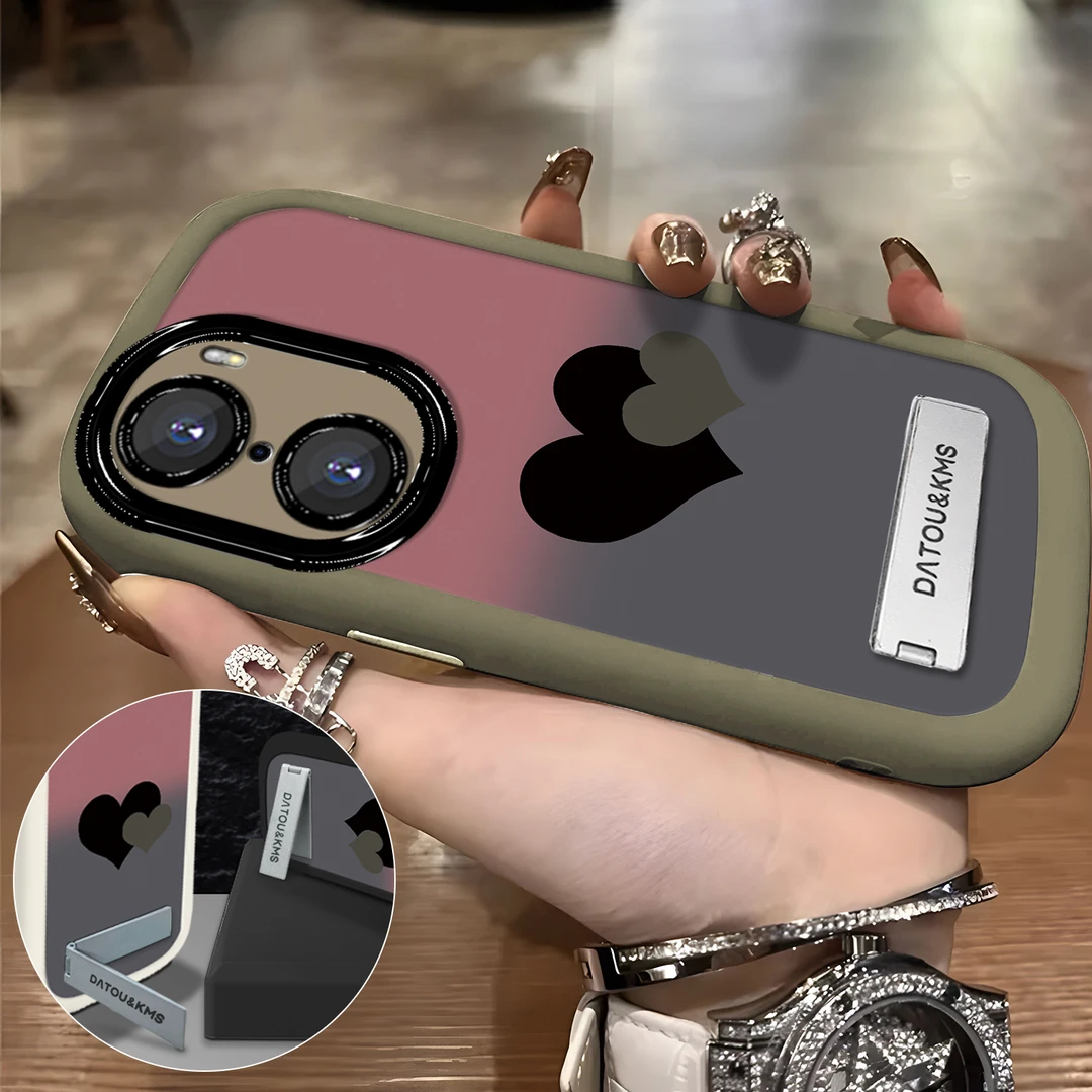 适用于【华为】荣耀60Pro新款渐变黑粉双爱心女款防摔手机壳