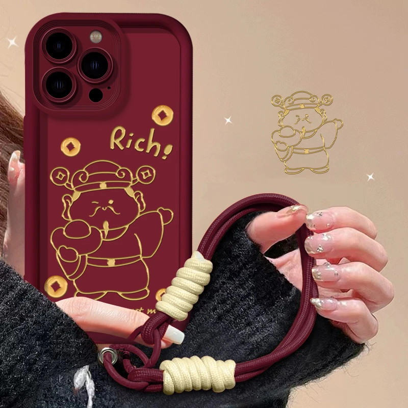 适用于【苹果】12ProMax金线条财神新年款女款全包防摔手机壳