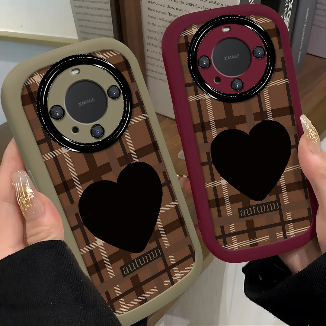 适用于【华为】Mate60咖色格子爱心简约创意全包时尚硅胶泡芙壳
