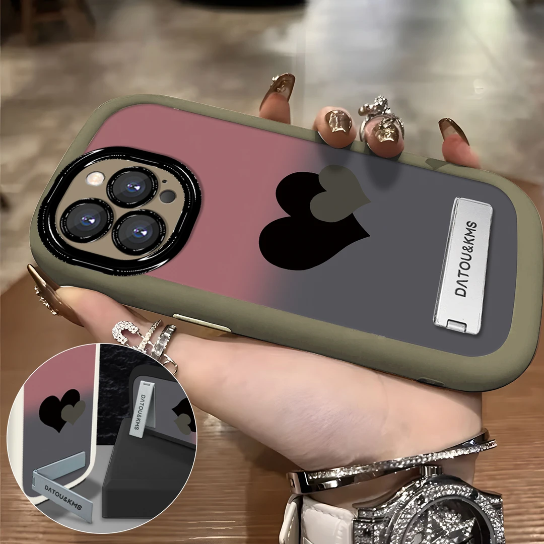 适用于【苹果】12Pro新款渐变黑粉双爱心女款防摔手机壳