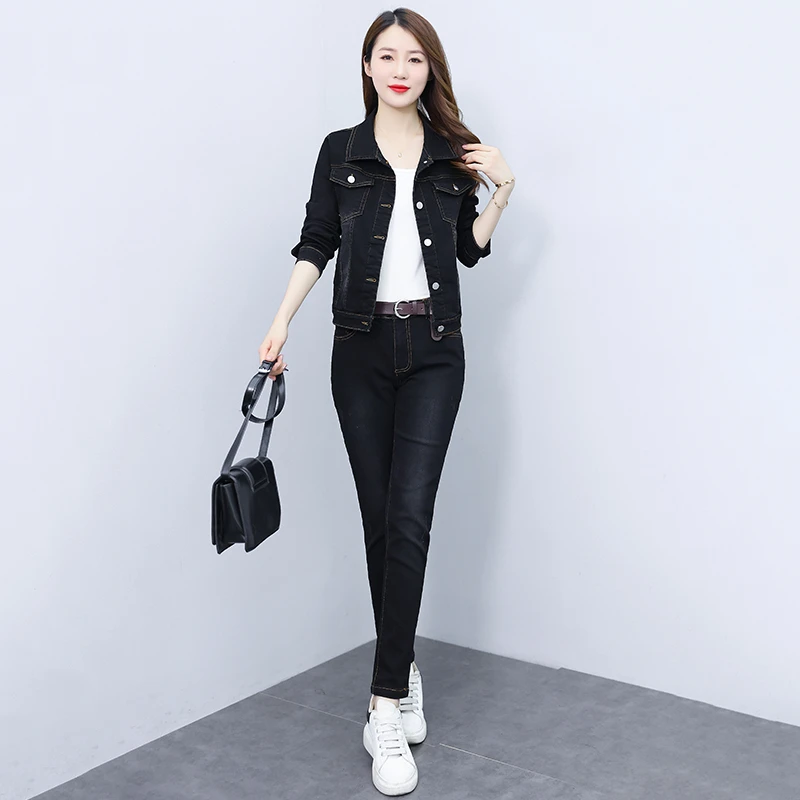 高档牛仔套装女新款小个子时尚休闲减龄二件套弹力修身牛仔裤潮