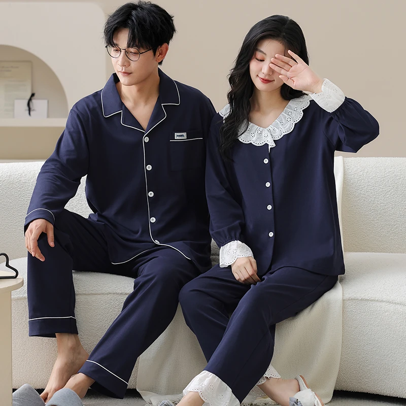 2套价 情侣睡衣春秋款纯棉长袖一男一女家居服高级感时尚大码套装