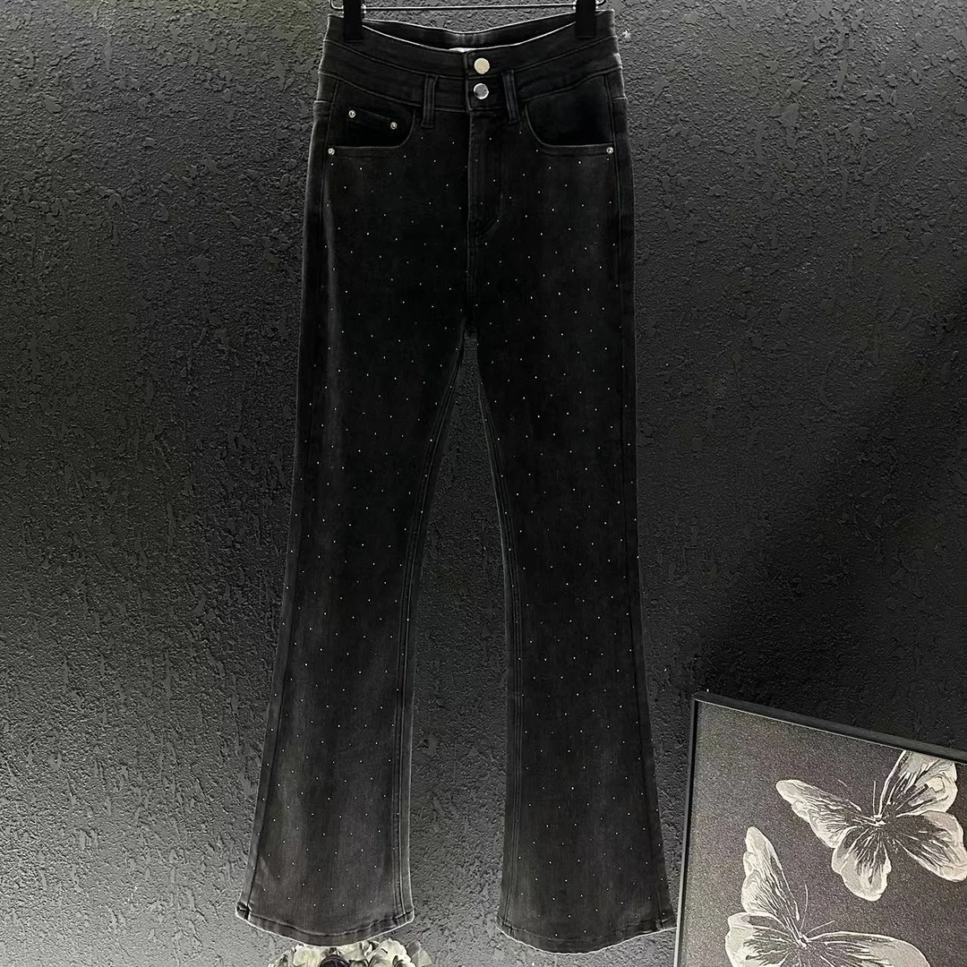 两粒扣侧高腰微喇牛仔裤女2024年新款复古显瘦弹力喇叭裤