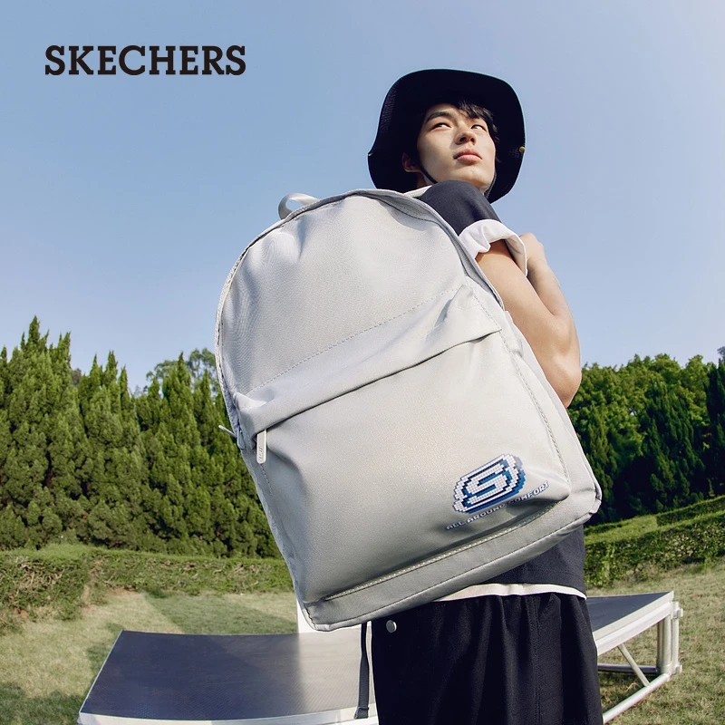 Skechers斯凯奇2023印花简约百搭背包月光灰运动双肩包L122U183