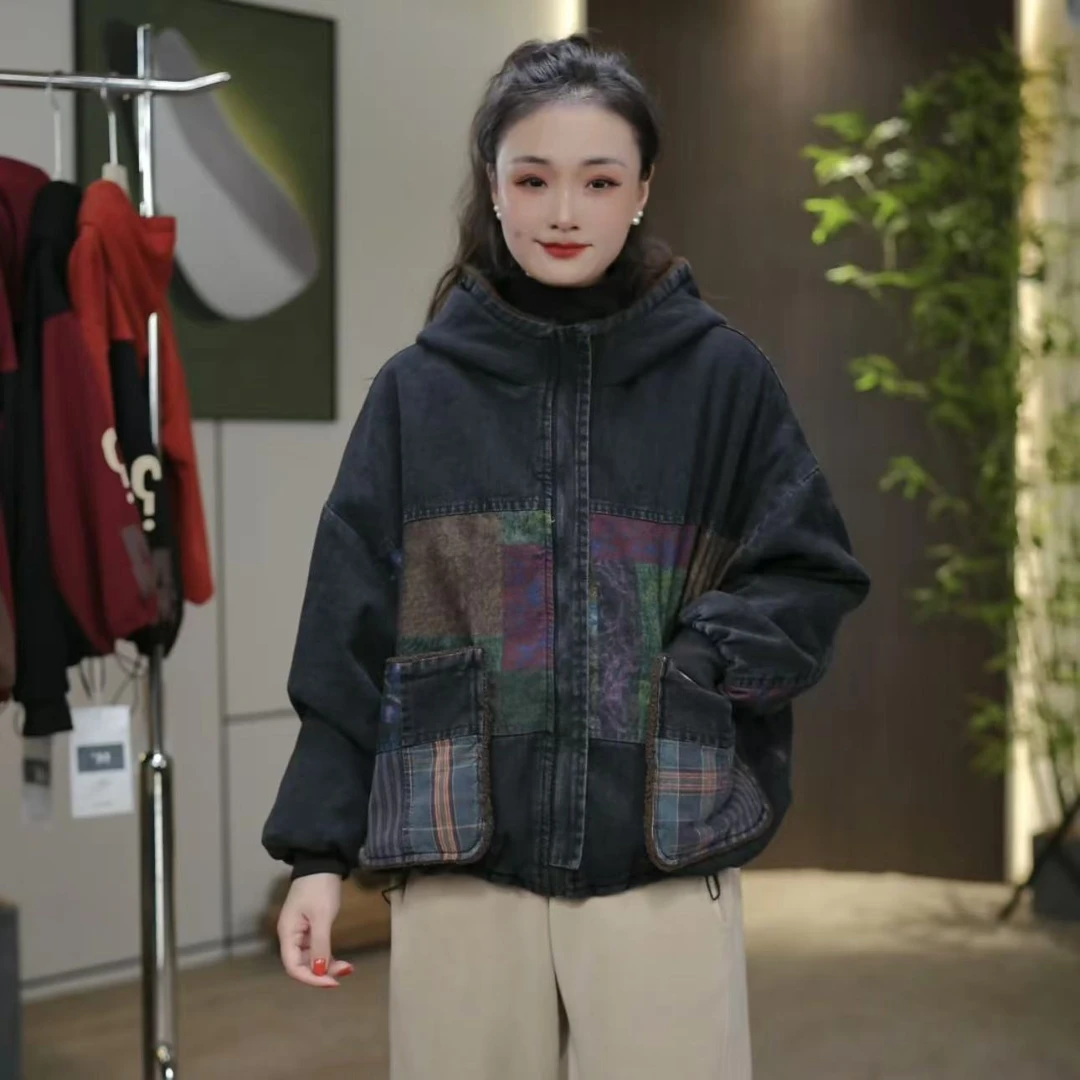 7686新款秋冬加绒加厚休闲百搭显瘦连帽棉服