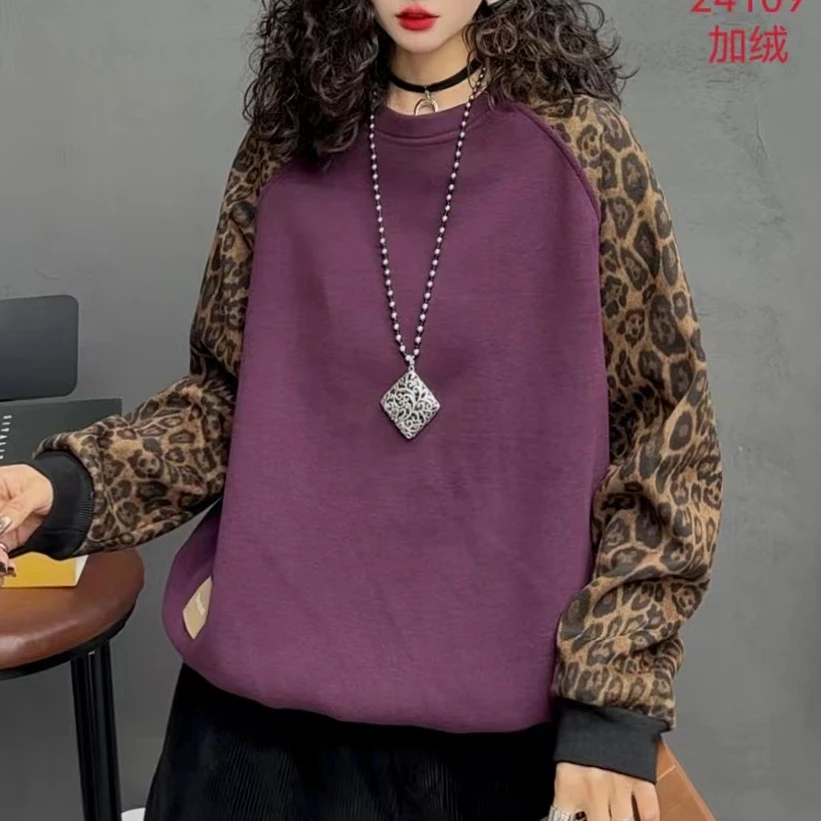 6419新款加绒秋冬休闲百度气质减龄豹纹拼接长袖上衣