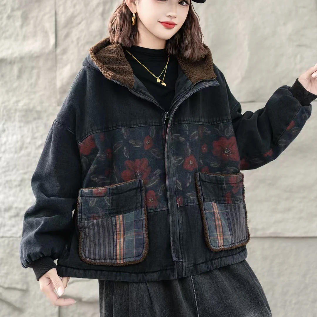 7766新款秋冬加厚休闲百搭复古显瘦连帽上衣棉服