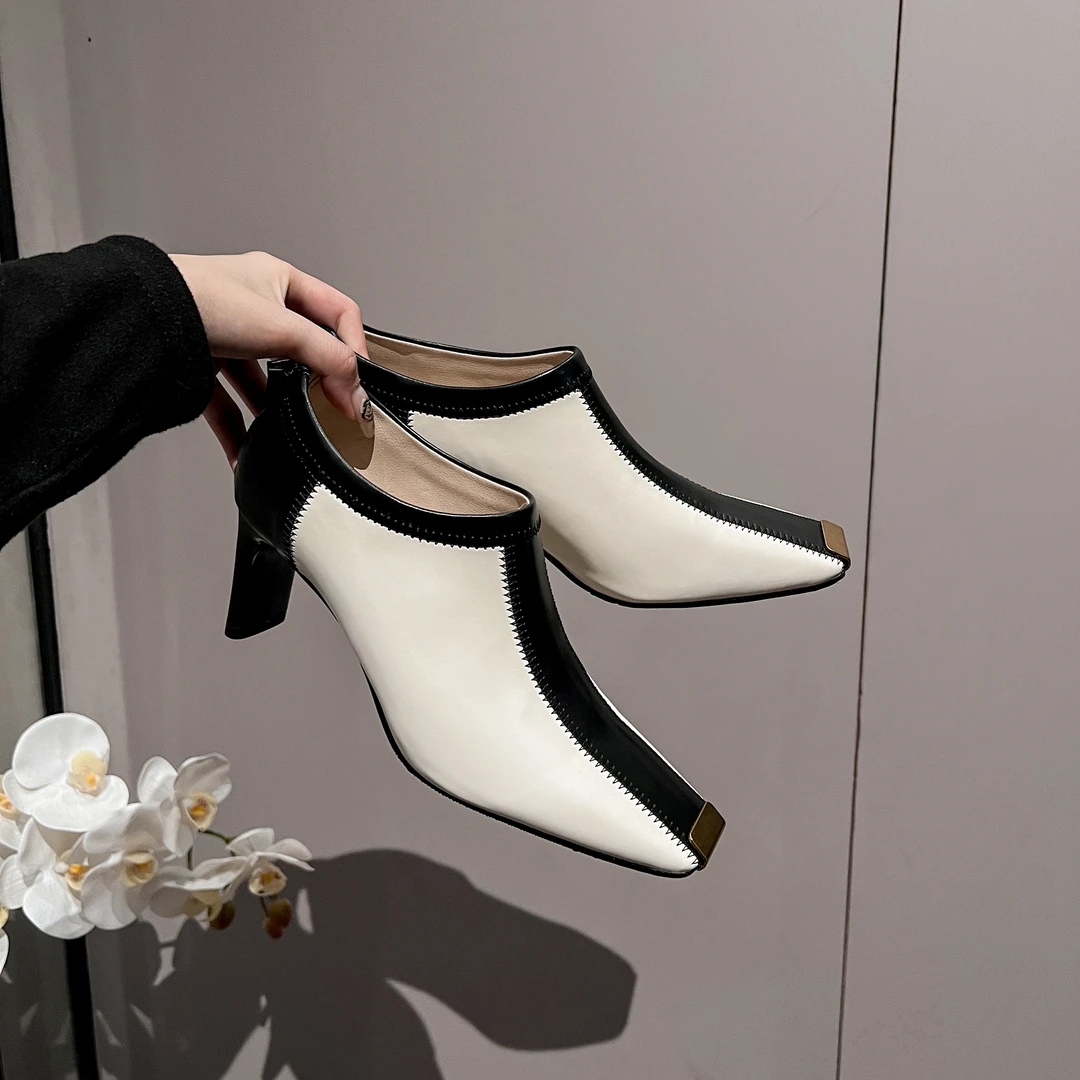 金属包头真皮深口单鞋女2024气质方头粗跟高跟踝靴