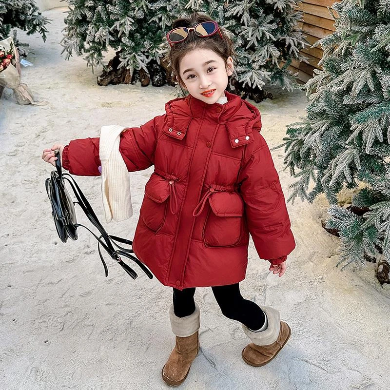 品牌折扣女童羽绒服2024新款冬季中长款儿童秋冬加厚红色洋气宝宝