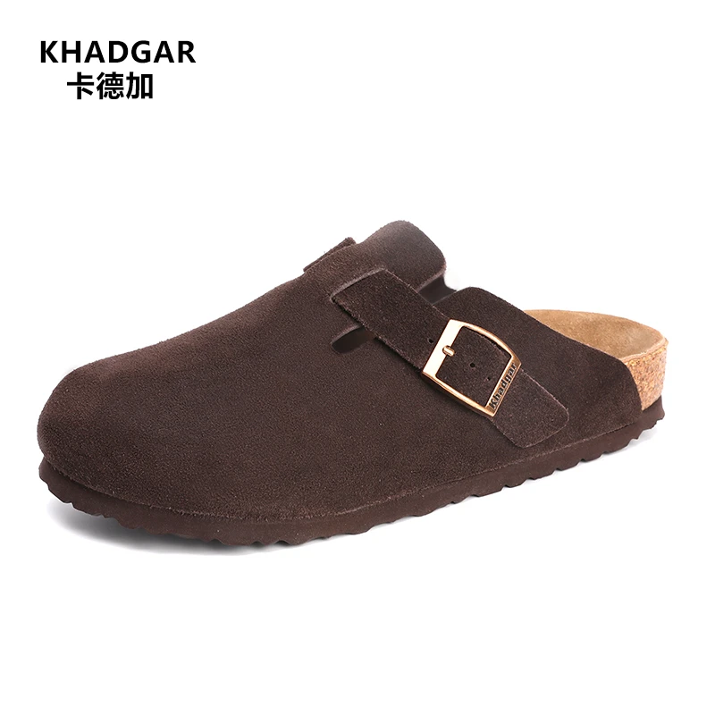Khadgar/卡德加新款软木真皮软底包头博肯半拖鞋时尚潮流百搭男女