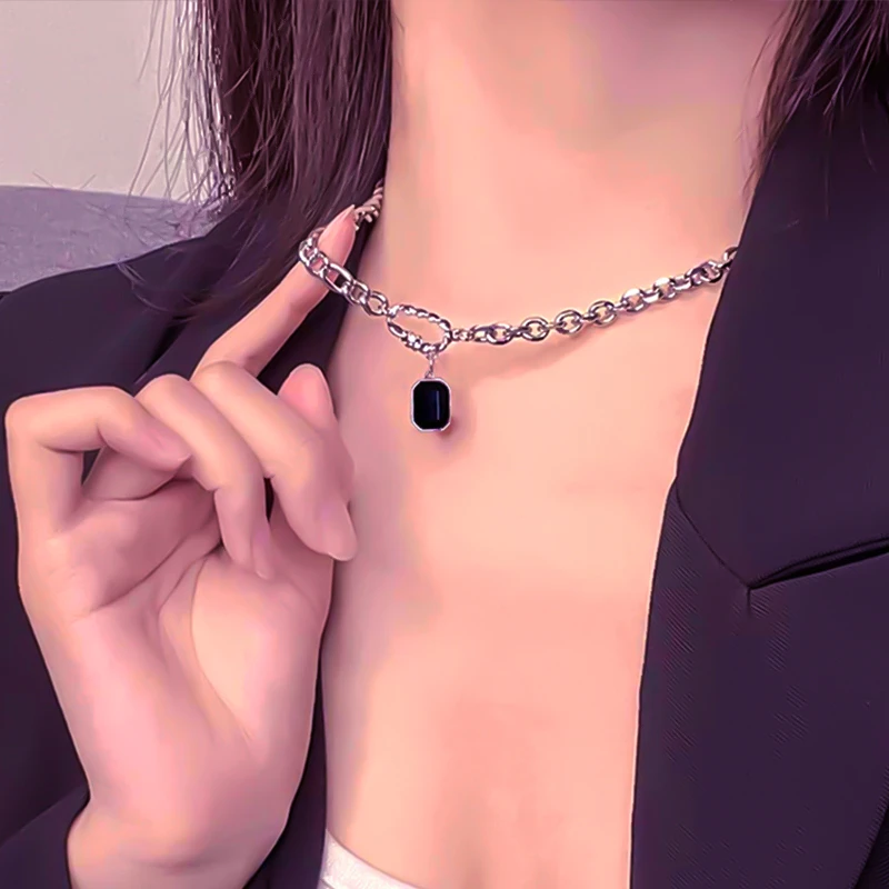 钛钢项链 冷淡风ins轻奢简约小方黑钻拼接项链男嘻哈百搭锁骨链女