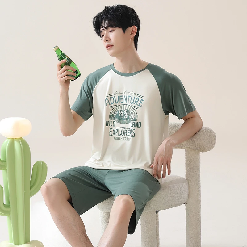 【丝光人棉】夏季青少年男士睡衣家居服短袖短裤可外穿夏天薄款套装