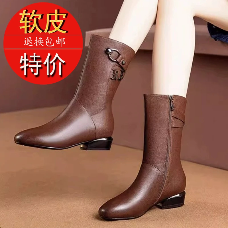 软皮英伦复古风时装靴女2024秋冬新款百搭中筒时尚低跟舒适骑士靴