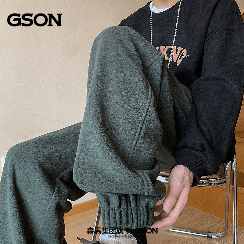 森馬集团GSON基础款墨绿色重磅摇粒绒卫裤男款冬季加绒运动休闲裤