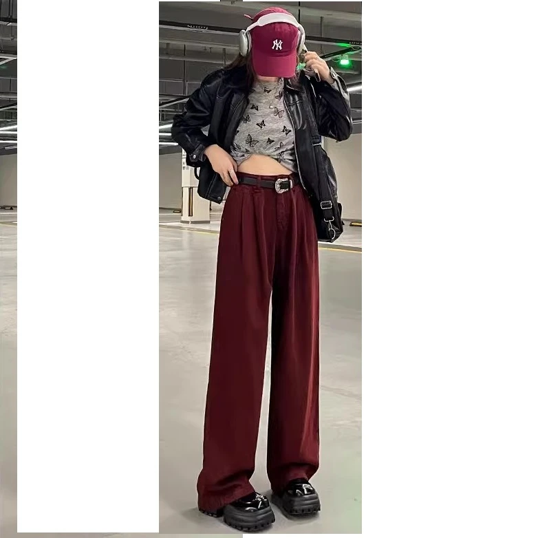 【时尚休闲百搭简约砖红色高腰阔腿牛仔裤】春秋新款显瘦垂感拖地裤