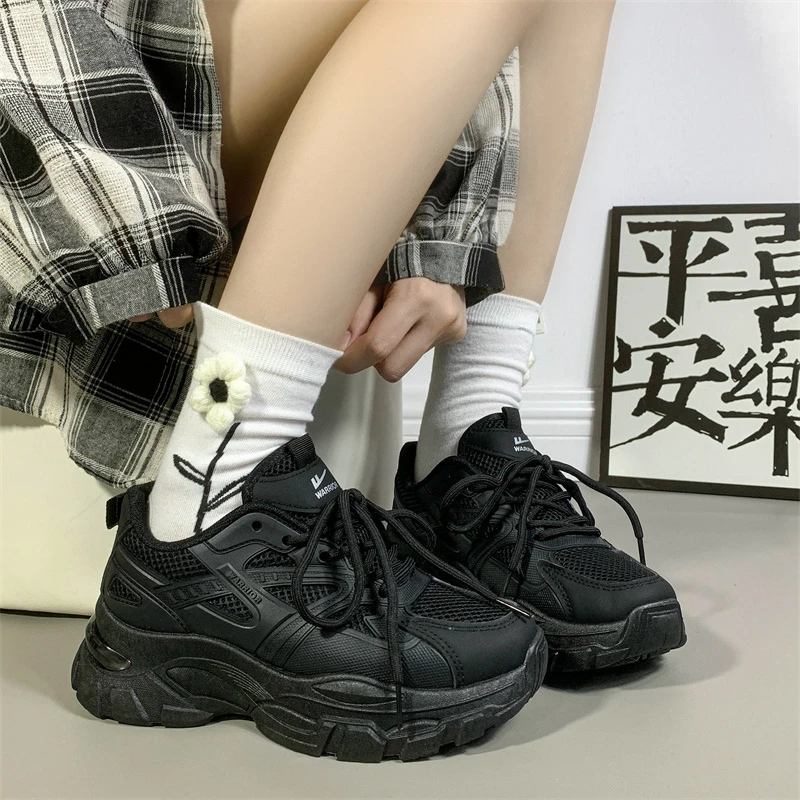 回力爆款炸街老爹鞋子女2025新款女鞋秋季透气厚底黑色休闲运动鞋