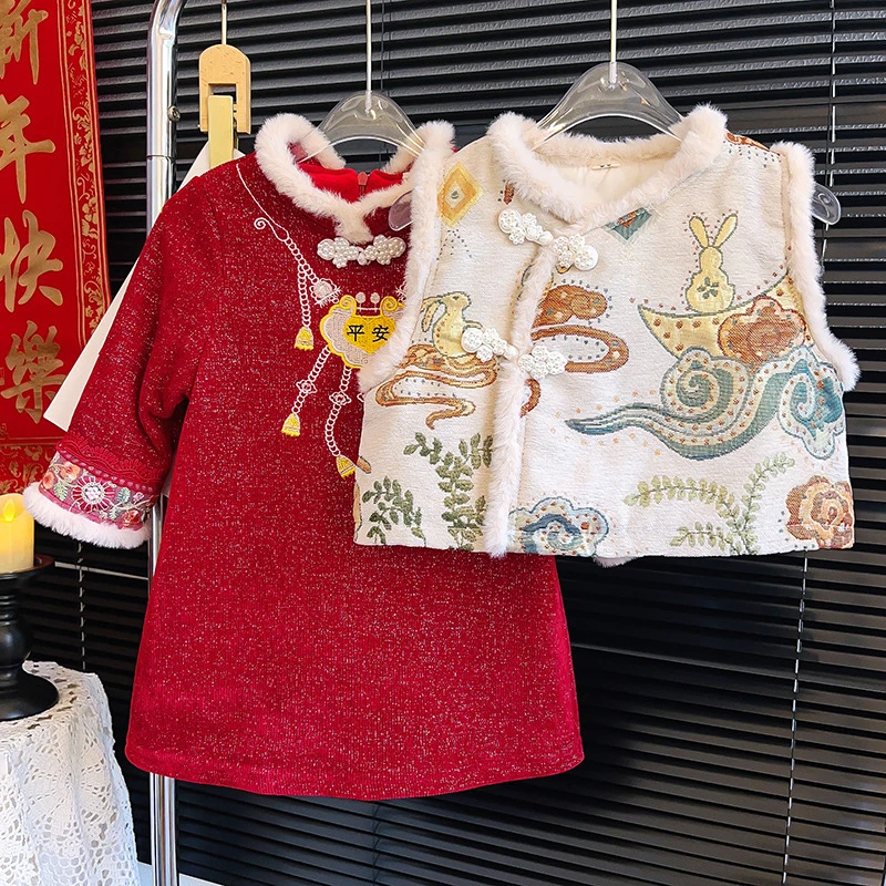 女童中式国风马甲套装冬季新款旗袍连衣裙马甲两件套TW575-TW599