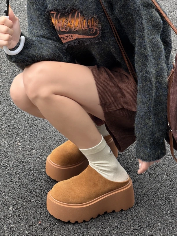 磨砂软皮松糕厚底包头半拖鞋女外穿增高懒人鞋厚底勃肯鞋百搭秋冬