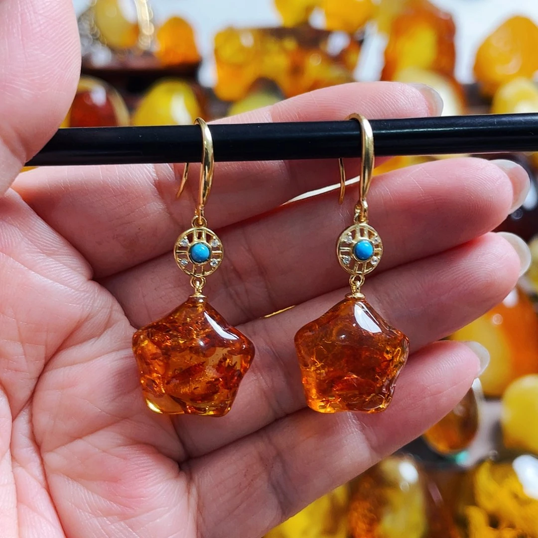 琥珀戒指银S925镶嵌耳环