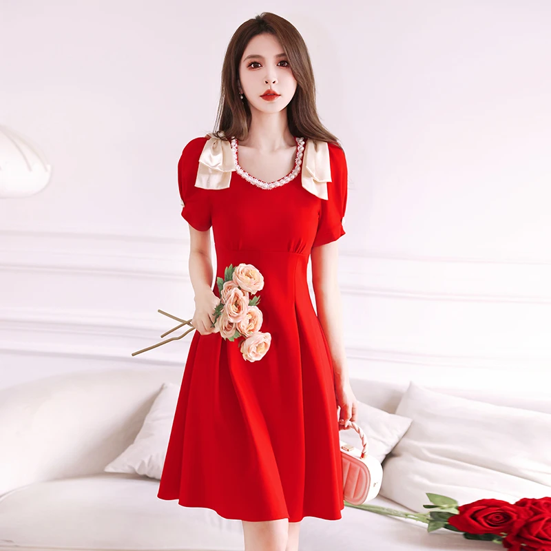 法式红色性感高档连衣裙订婚女装夏季显瘦新款气质礼服小个子裙子