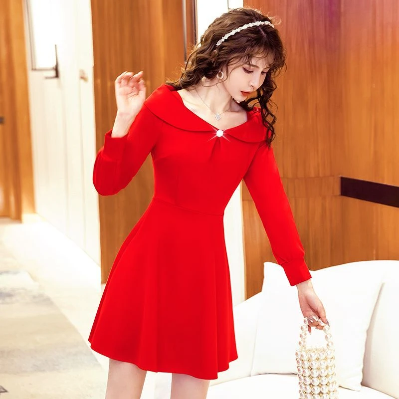 本命年红色礼服裙子女春季秋冬季新款气质小个子长袖连衣裙高级感