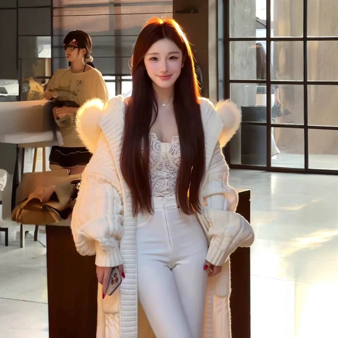 慵懒风中长麻花纹连帽大毛领毛衣外套重工白色针织毛线开衫女上衣