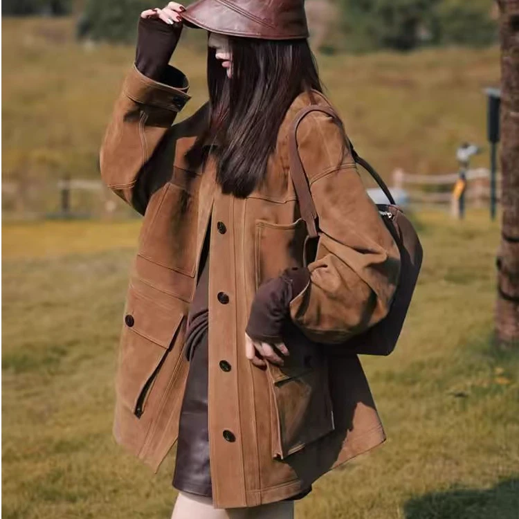 小个子棕色麂皮外套女秋冬美拉德轻熟风高级感加厚百搭美式外套