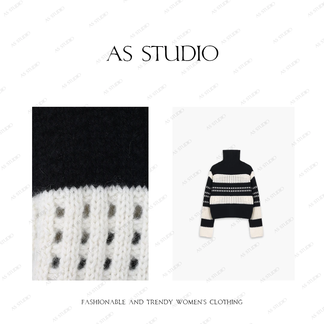 【AS空心格】25新高领镂空撞色条纹软糯保暖针织衫AS24DMY162