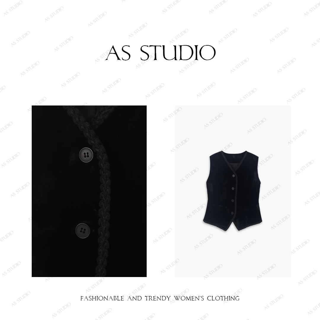 【AS黑丝绒】25新复古V领修身叠穿丝绒马甲AS24QMJ44