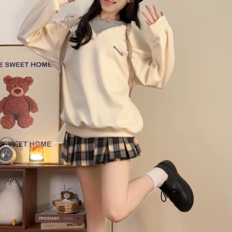 少女昭季 织物猪原创 韩系学院风拼接休闲版上衣遮胯显瘦箱褶裙JK