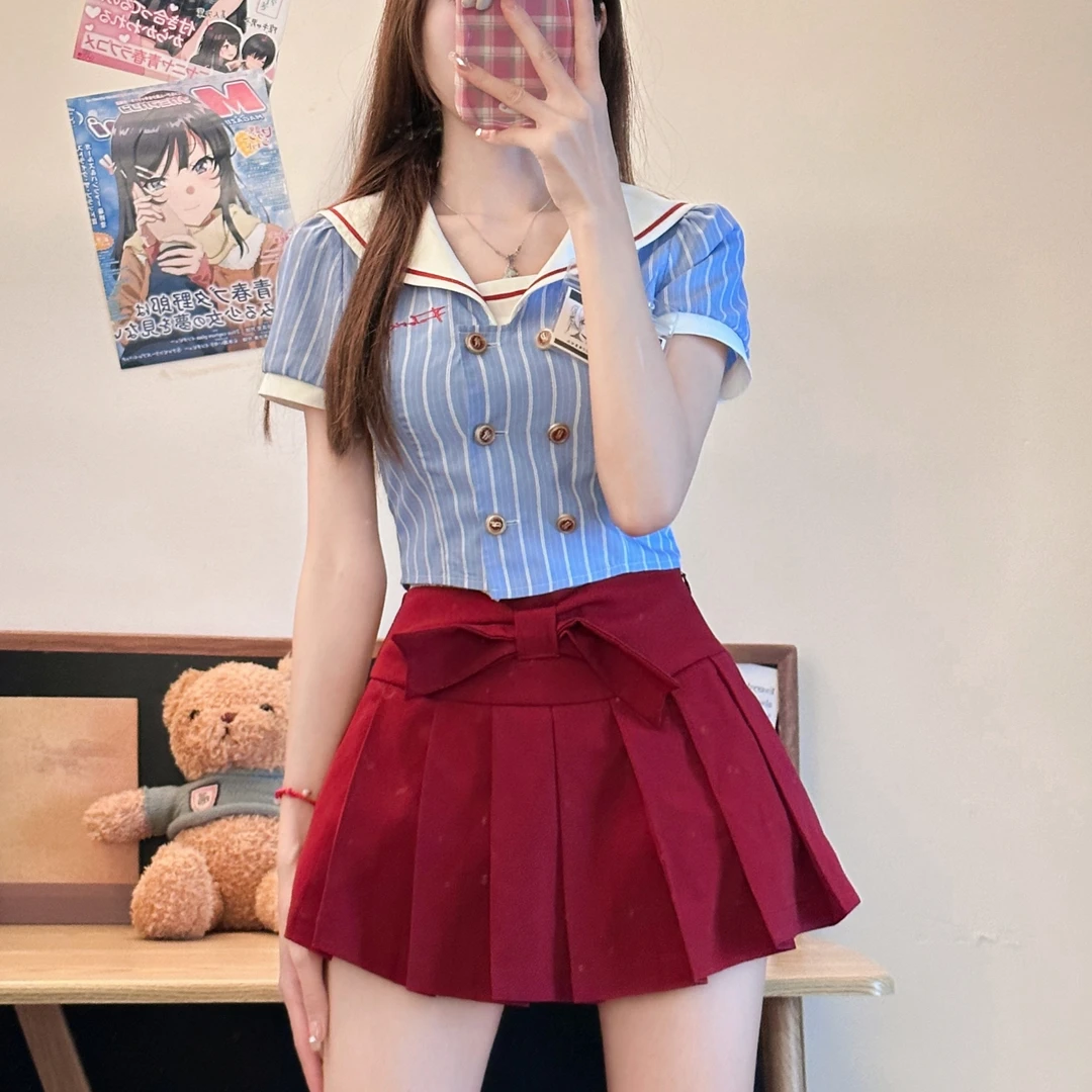 元气少女 织物猪原创 红蓝色动漫感美式复古学院风收腰显瘦JK制服