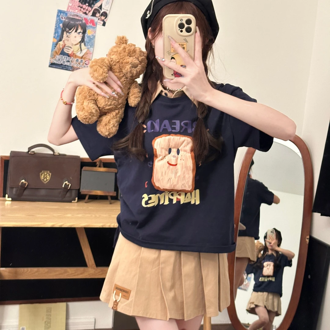 椰椰吐司 织物猪原创 假两件衬衫领T恤棕色格裙褶皱裙女制服