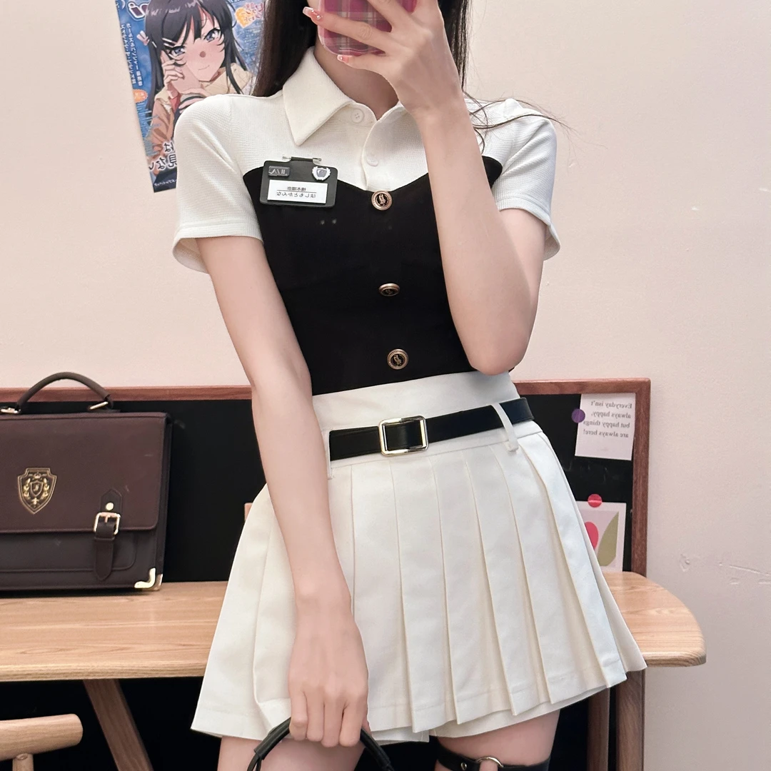 富家千金 黑白色美式收腰 织物猪原创束腰百褶jk裙cos