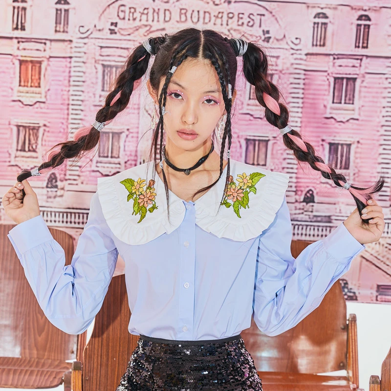 Bronze Lucia蓝色娃娃领衬衣刺绣衬衫女士气质BLBBCSF14