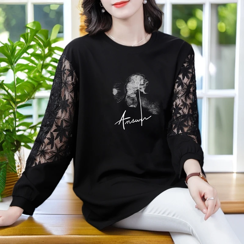 加肥加大码蕾丝长袖t恤女秋装新款胖mm200斤宽松遮肉打底衫上衣潮