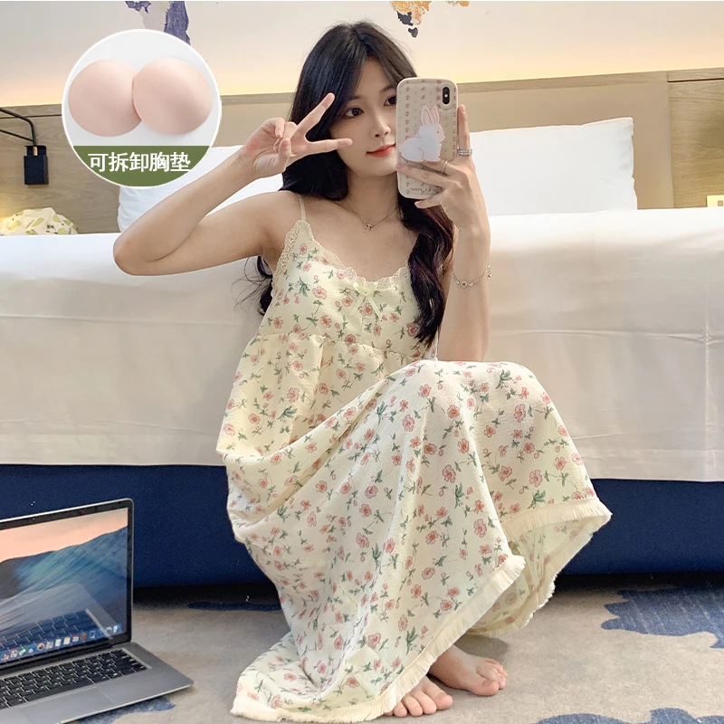 睡裙女士夏季新款睡衣带胸垫吊带碎花夏天薄款无袖宽松甜美家居服