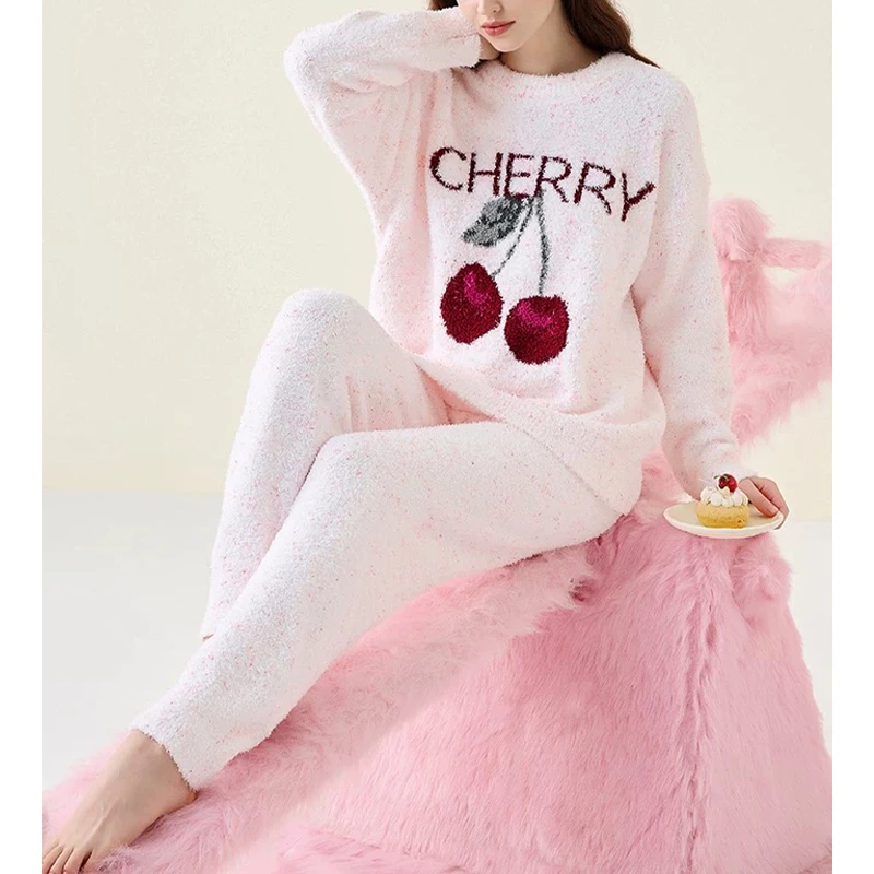 莫里伊【粉点圆领樱桃】小众时尚设计休闲可外穿保暖睡衣家居服