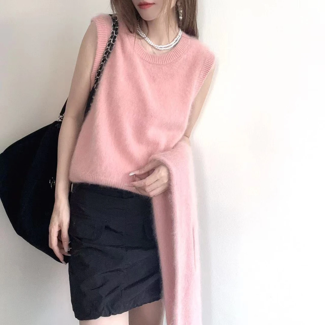 【拉绒马甲】拉绒工艺241097-100羊绒甜美温柔风圆领针织羊绒马甲