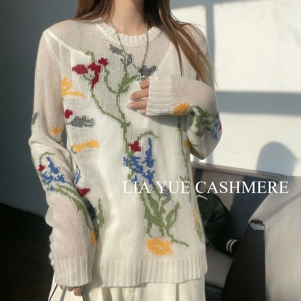 【俩月羊绒】100山羊绒230188小众设计法式复古提花薄款羊绒衫女装