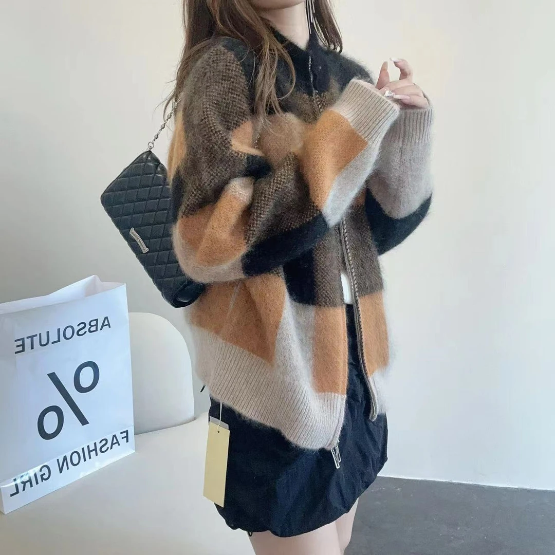 【俩月羊绒】拉绒工艺231962-100羊绒名媛贵气风撞色格子针织外套