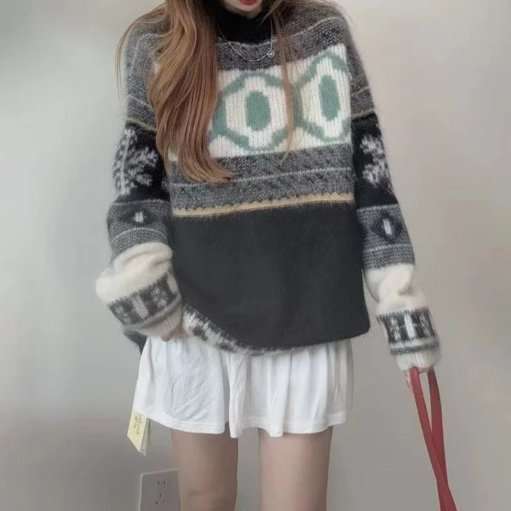 【100山羊绒】241433拉绒工艺款重工提花撞色款羊绒衫慵懒休闲保暖