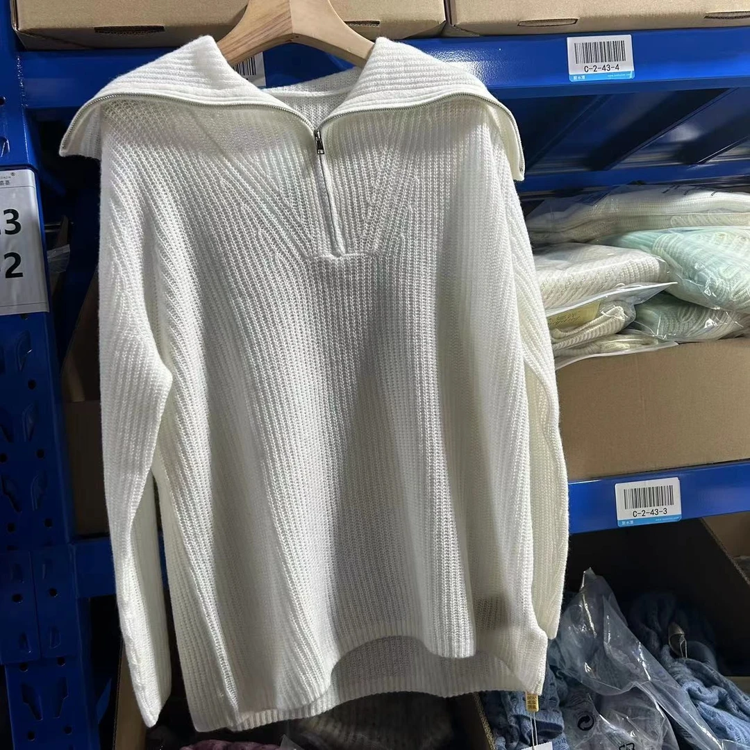 【俩月100羊绒新款】231062春秋新款纯羊绒海军领车拉链长袖衫