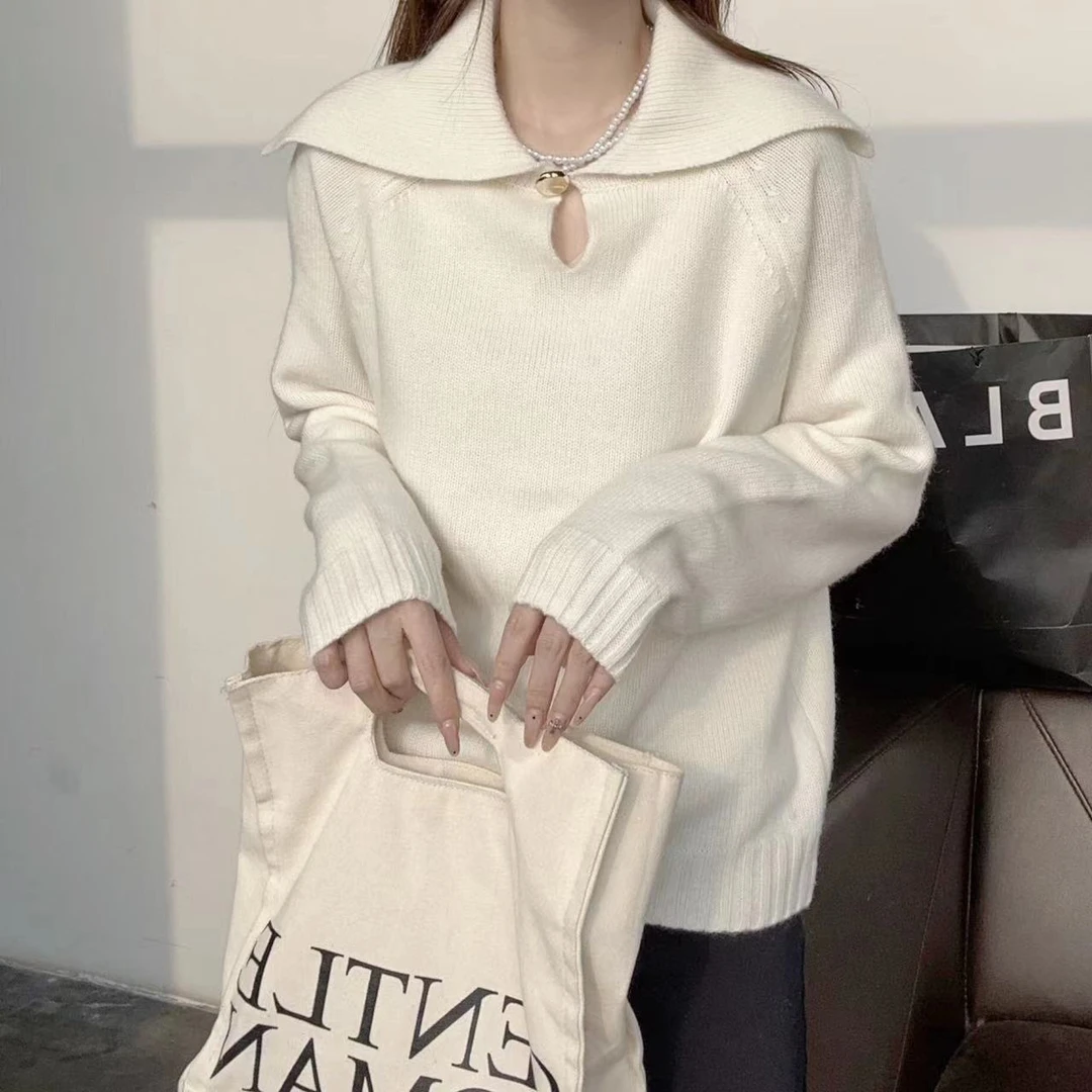 【俩月羊绒】轻奢230849荷叶领针织时尚宽松百搭羊绒衫