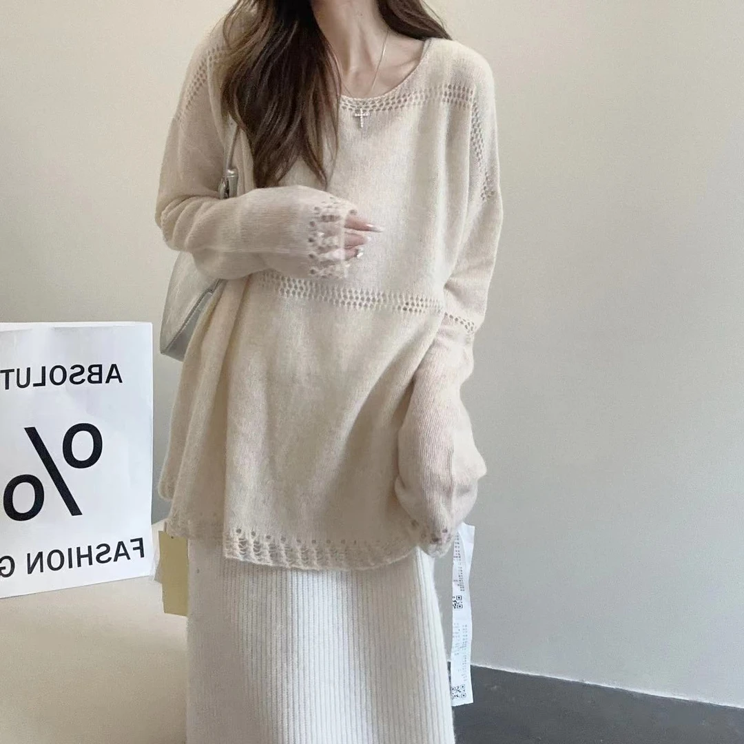 【俩月羊绒】轻奢240517-100山羊绒简约百搭镂空针织圆领套头衫