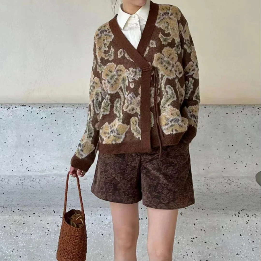 复古提花国风】240261-100山羊绒开衫国风一粒扣盘扣设计洋气百搭