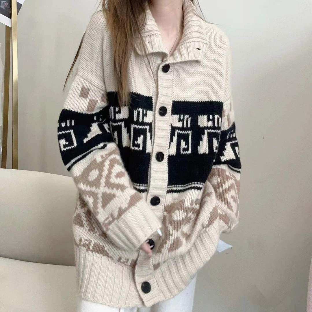 【俩月羊绒】轻奢241845-100山羊绒时尚洋气提花撞色立领针织外套